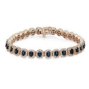 Emerald Cut Blue Sapphire & Diamond Tennis Bracelet 14K Yellow Gold 7 Inches